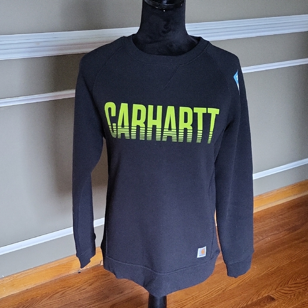 Carhartt Black Sweatshirt with Neon Green Logo Size Small NWT